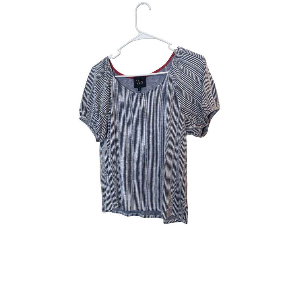 W5 Shirt Womens Medium Blue Stripe Puff Sleeve Scoop Neck Stretch Top Casual